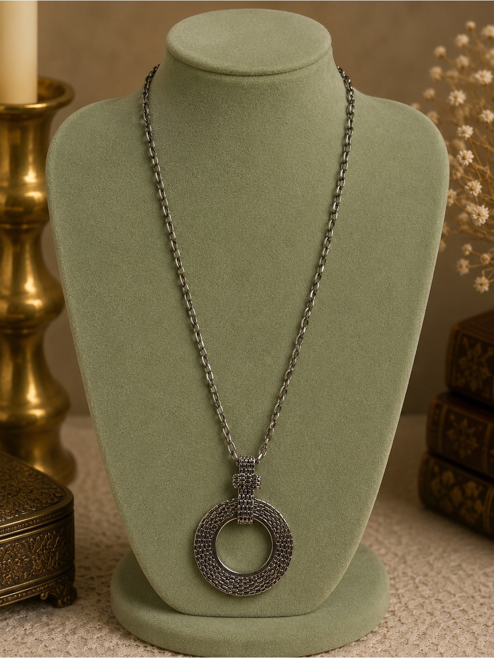 Cookie Lee Silver Tone Circular Textured Pendant Necklace